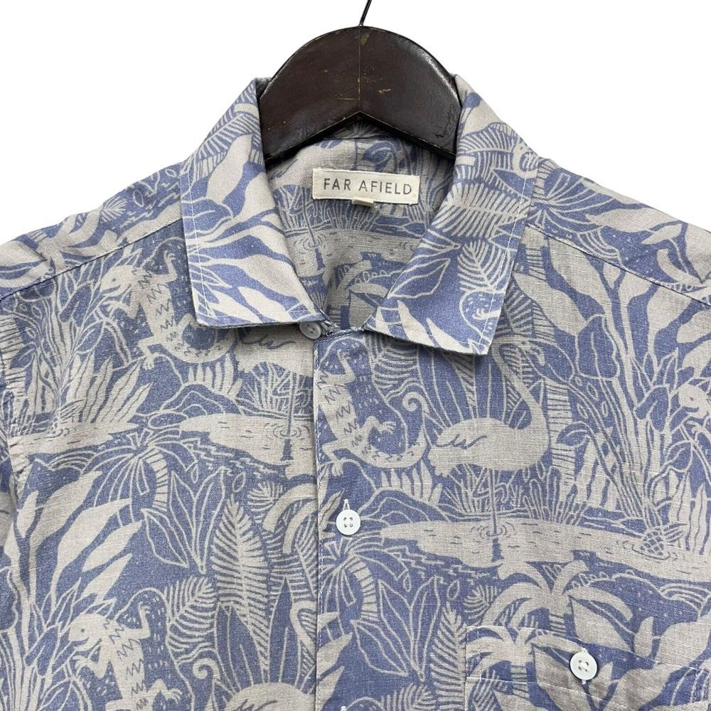 Far Afield Men's Sz 1 Hawaiian Shirt Blue/Taupe Linen Flamingo Iguana Floral euc